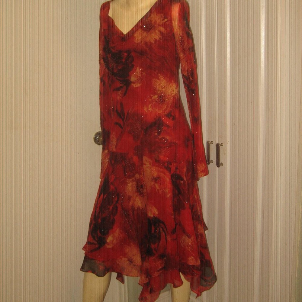 ❤️2 PC CARMEN MARC VALVO COLLECTION Red Beaded Dress Top and Skirt Set Sz 6